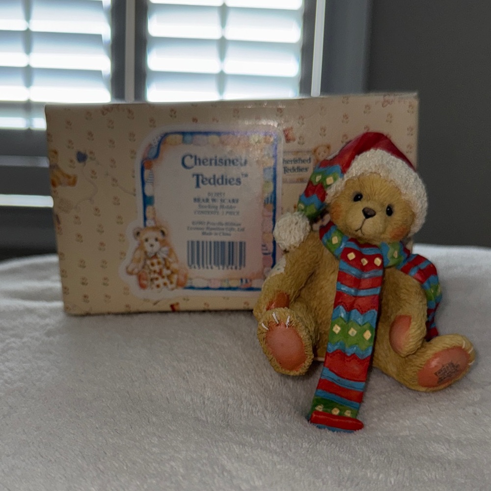 Cherished Teddies Festive Bear with Colorful Scarf stocking holder